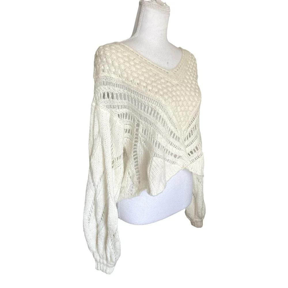 Free‎ People Ivory Snowball Cropped Sweater Wool Blend Open Knit Boho Chic Sz XS